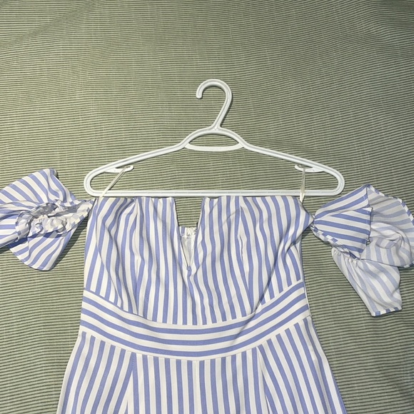 Blue and white striped off the shoulder romper - Picture 2 of 3